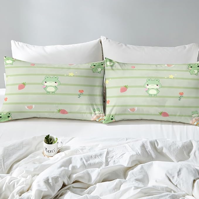 Castle Fairy Cute Frog Duvet Cover King Size,Pink Strawberry Sweet Fruits Bedding Set for Teens Adults,Light Green Frogs Stripes Comforter Cover Soft Quilt Cover,No Comforter