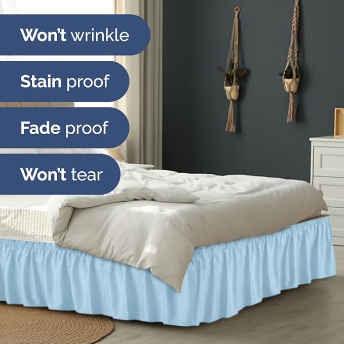 Wrap Around Dust Ruffle Bed Skirt - Light Blue - for King Size Beds with 15 Inch Drop - Elastic Strap - Adjustable Pleated Bedskirt with Brushed Fabric and Wrinkle Free - for Women, Men, Kids & Teens