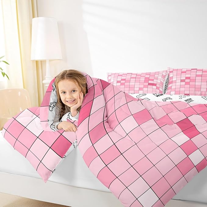 Pixelated Blocks Miners Comforter Set King Size,Video Games Game Gamepad Kids Bedding Set,Geometric Grid Patchwork Quilt Comforter,Pink Duvet Insert,2 Pillowcases