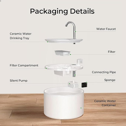 Voluas 2.2L Ceramic Cat Water Fountain with 1 Filter Automatic Pet Fountain | 74oz capacity, ceramic bowl, 4-layer filtration, ultra-quiet pump, faucet and bubbling modes, easy to clean, dishwasher-safe