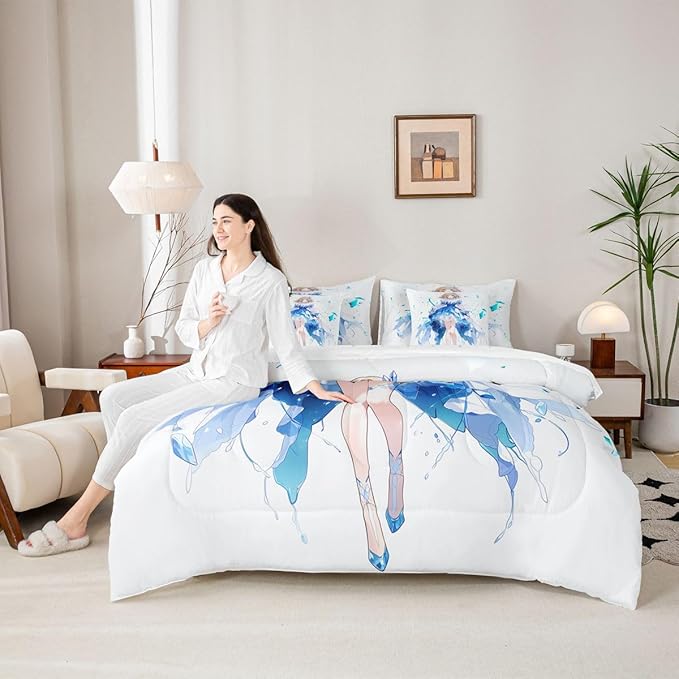 Erosebridal Anime Girl Queen Comforter Set 7 Piece Japanese Girl Bedding Set,3D Anime Cartoon Bed in A Bag for Kids,Japanese Style Sheet Set with Comforter(Blue)