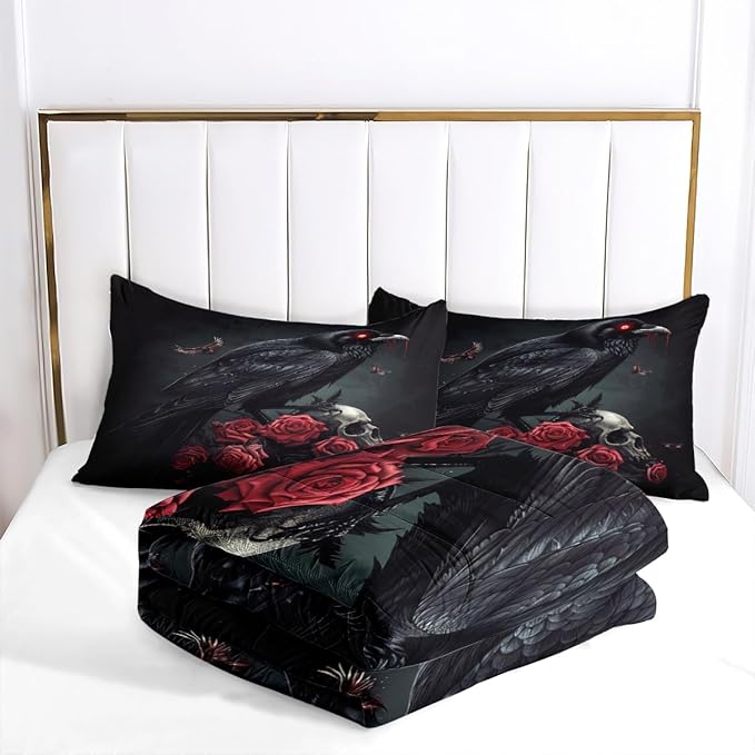 Black Crow Red Rose Skull Comforter Set Queen Size Halloween Gothic Roses Skeleton Bedding Set Holiday Decoration Bedding Black Floral Bird Down Comforters Soft Microfiber Comforter Sets