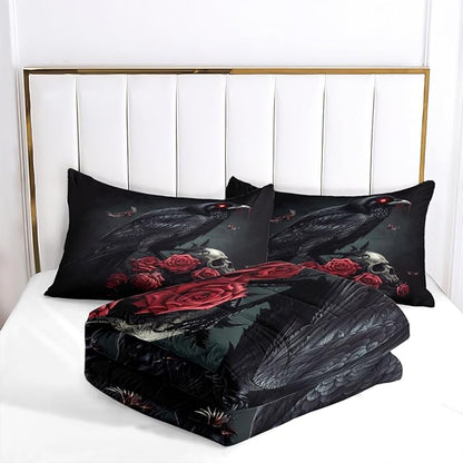 Black Crow Red Rose Skull Comforter Set King Size Halloween Gothic Roses Skeleton Bedding Set Holiday Decoration Bedding Black Floral Bird Down Comforters Soft Microfiber Comforter Sets