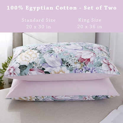 WINLIFE 100% Cotton Pillowcases Queen Size Garden Floral Printed Pillow Cases Set of 2 Soft and Breathable Cooling Pillow Case (Queen 20x30'', Purple Flower)