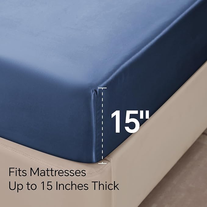 BEDELITE King Size Sheets Set, Luxury Soft Navy Satin Sheets for Hair and Skin, Similar to Silk Bed Sheets Set 4 Pieces with 1 Deep Pocket Fitted Sheet, 1 Flat Sheet, and 2 Pillowcases