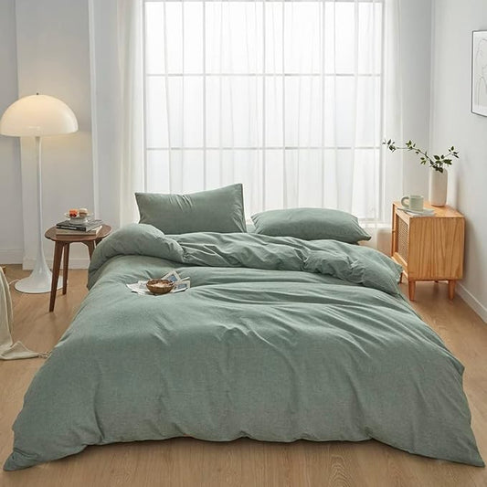 FACE TWO FACE Bedding Duvet Cover Set100% Washed Cotton Duvet Cover Linen Like Textured Breathable Durable Soft Comfy (Twin, Reversible Green)
