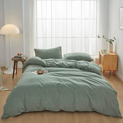 FACE TWO FACE Bedding Duvet Cover Set100% Washed Cotton Duvet Cover Linen Like Textured Breathable Durable Soft Comfy (King, Reversible Green)