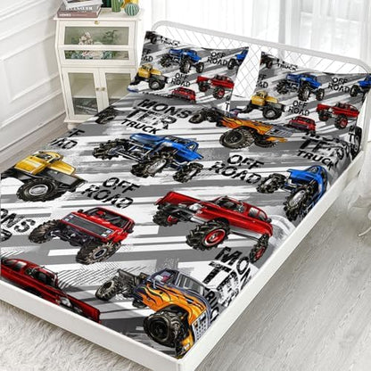 AILONEN Kids Boys Monster Truck Bedding Twin XL Size,Cartoon Truck Fitted Sheet Set Decor,Car Colorful Soft Vehicle Truck Kids Fitted Sheet with 2 Pillowcases,3 Pieces