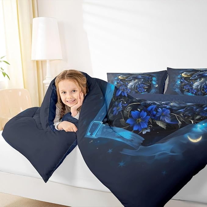 Feelyou Dragon Bedding Set Soft for Boys Girls, Wild Life Comforter Set Toddler Size Jungle Dragon Duvet Quilt Microfiber Wild Animal Bedroom Decor Dull Blue 2 Pcs with 1 Pillow Cases
