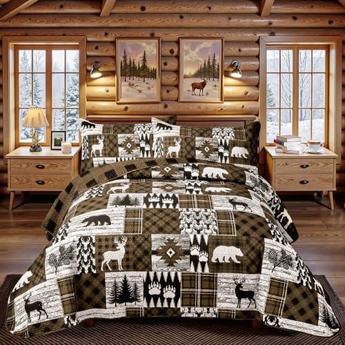 3 Piece Cabin California King Size Quilt Sets Farmhouse Rustic Reversible Microfiber Soft Lightweight Bedspread Comforter with 2 Sham Patchwork Country Lodge Bedding for All Season, 118''x106'', Brown