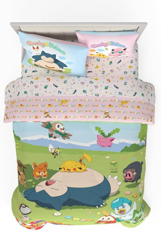 Pokemon Bedding Super Soft Comforter and Sheet Set with Sham, 5 Piece Full Size, Featuring Snorlax, Pikachu, Eevee & Jigglypuff (Officially Licensed Product) by Franco