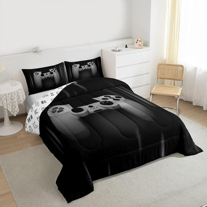 Feelyou Boys Gamer Comforter Set King Size Bedding Set for Kids Gaming Comforter Gray Black Video Games Gamepad Room Decor for Teens Child Super Soft Geometric Duvet Quilted Son Grandson Gift