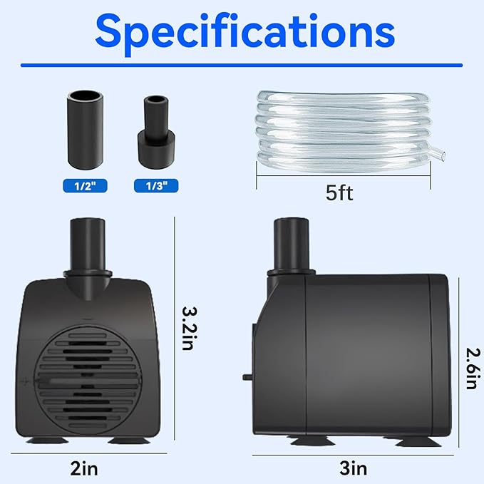 Submersible Water Pump 200GPH with AUTO Shut Off for Fountains | 5.2ft. High Lift, with 3.3ft Hose，Perfect for Hydroponics, Small Ponds, Aquariums & More