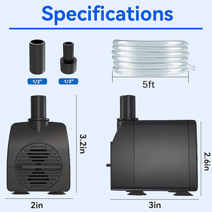 Submersible Water Pump 200GPH with AUTO Shut Off for Fountains | 5.2ft. High Lift, with 3.3ft Hose，Perfect for Hydroponics, Small Ponds, Aquariums & More