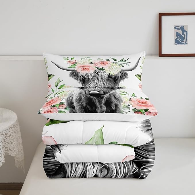 Feelyou Highland Cow Bedding Set Kids Rose Floral Bull Cattle Comforter Set for Girls Teens Western Wildlife Animal Comforter Farmhouse Duvet Set Room Decor Quilt Set King Size