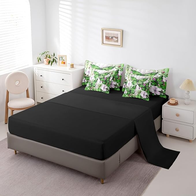 Erosebridal Green Butterfly 7 Piece Bed in A Bag Full White Flowers Oil Painting Boho Comforter Set Retro Hippie Floral Butterfly Bedding Set for Girls Women,Aesthetics Bohemian Bed Set