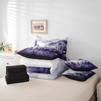 Erosebridal Purple Misty Forest Full Bed in A Bag 7 Piece Mountain Foggy Woodland Comforter Set with Sheets Rustic Pine Tree Bedding Sets for Kids Adults,Watercolor Nature Theme Bed Set