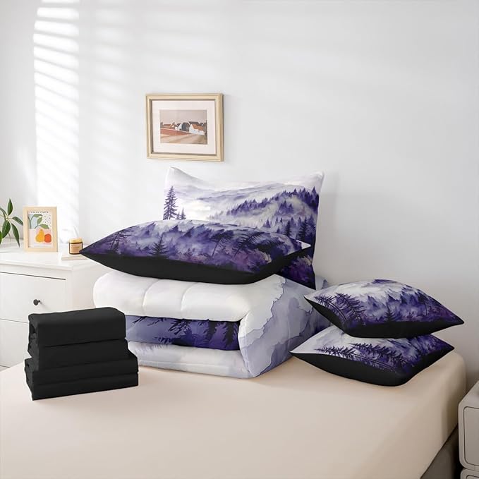 Erosebridal Purple Misty Forest Twin Bed in A Bag 7 Piece Mountain Foggy Woodland Comforter Set with Sheets Rustic Pine Tree Bedding Sets for Kids Adults,Watercolor Nature Theme Bed Set