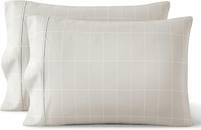 Bare Home Microfiber Pillow Cases - King Size Set of 2 - Cooling Pillowcases - Double Brushed - Pillowcases 2 Pack - Easy Care (King, Grid – Stone/White)