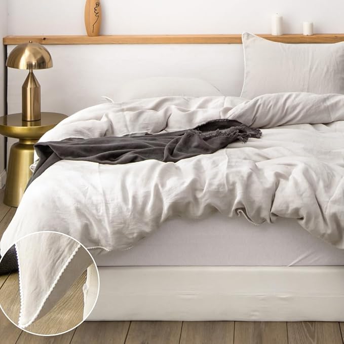 Simple&Opulence 100% Washed Linen Duvet Cover with Pom Pom Trim, Natural French Flax Bedding Set Soft Breathable,1 Farmhouse Boho Comforter Cover and 2 Pillow Shams(King,Natural Linen)