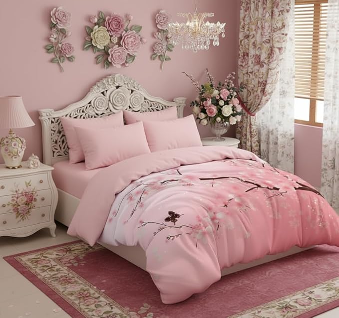 Japanese Bedding Set King Size,Pink Flower Comforter Set 3Pcs Cherry Blossom Quilted Bed Set with 2 Pillowcases for Girls Women, All Season(104"x90")
