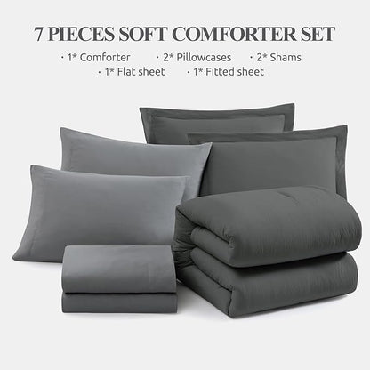 WRENSONGE King Size Comforter Set- 7 Pieces Soft Grey Bed in a Bag with Fitted Sheet, Flat Sheet, 2 Pillow Shams, and 2 Pillowcases- Warm Bedding Set for All Season