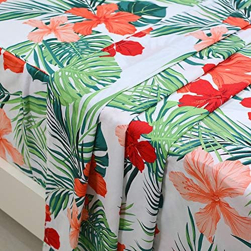 FADFAY Hawaiian Bedding Sheet Set Tropical Red Hibiscus Palm Leaves 100% Cotton Hypoallergenic Deep Pocket Fitted Sheet 4-Pieces Full Size