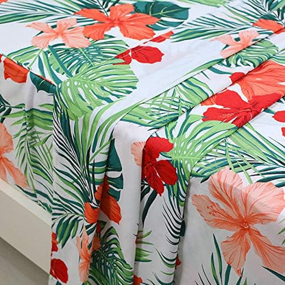 FADFAY Hawaiian Bedding Sheet Set Tropical Red Hibiscus Palm Leaves 100% Cotton Hypoallergenic Deep Pocket Fitted Sheet 4-Pieces Twin XL Size for Dorm Room Bedding