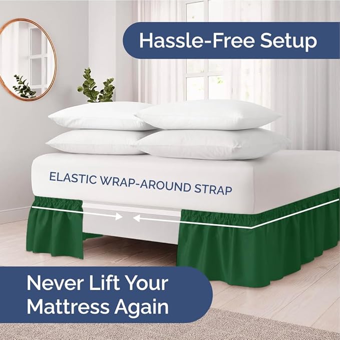 Wrap Around Dust Ruffle Bed Skirt - Emerald - for Full Size Beds w/ 12 Inch Drop - Easy Fit Elastic Strap - Adjustable Pleated Bedskirt w/Brushed Fabric - Wrinkle Free - for Women, Men, Kids & Teens