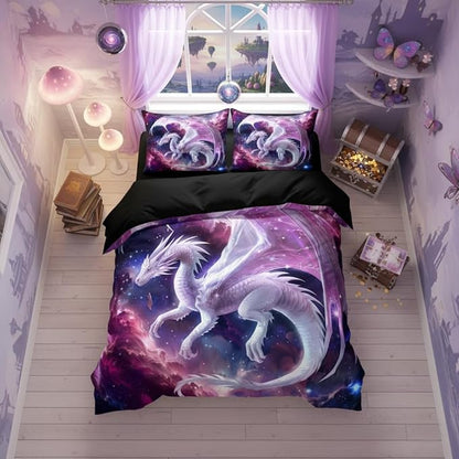 Pink White Dragon Comforter Set Twin Size Fantasy Castle Fairy Princess Bedding Set for Kids Boys Teens Women Decor 3D Animals Quilt Set