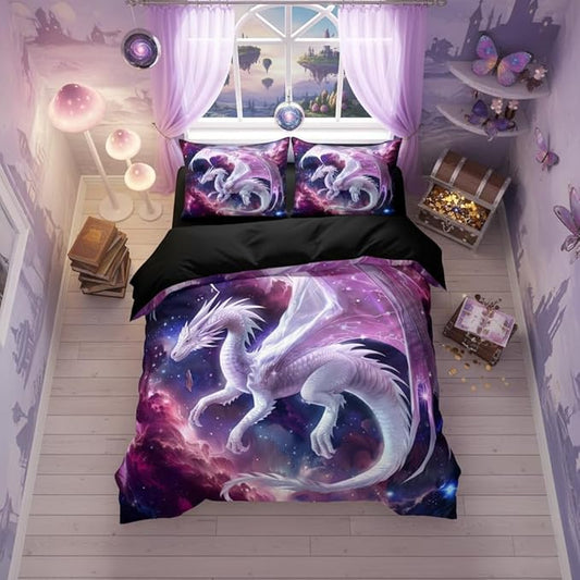 Pink White Dragon Comforter Set Twin Size Fantasy Castle Fairy Princess Bedding Set for Kids Boys Teens Women Decor 3D Animals Quilt Set