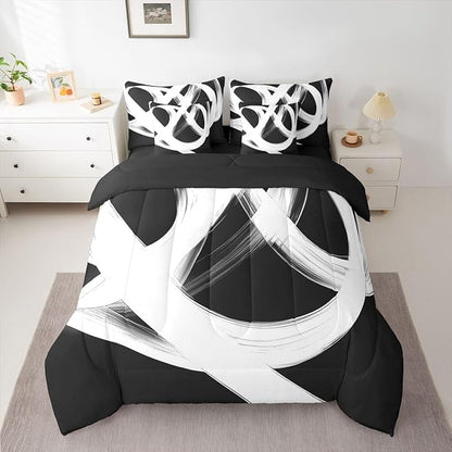 Erosebridal Abstract Modern 7 Piece Comforter Set Queen Bed in A Bag Black White Lines Geometric Bedding Set Minimalist Contemporary Stripes Sheet Set Ink Painting Simple Aesthetic Neutral Quilt