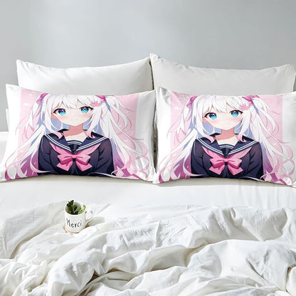 Kawaii Japanese Anime Bedding Set Queen - 3D Style Bed Sheets - Sailor Suit Girl Design - 3 Pieces, No Flat Sheet
