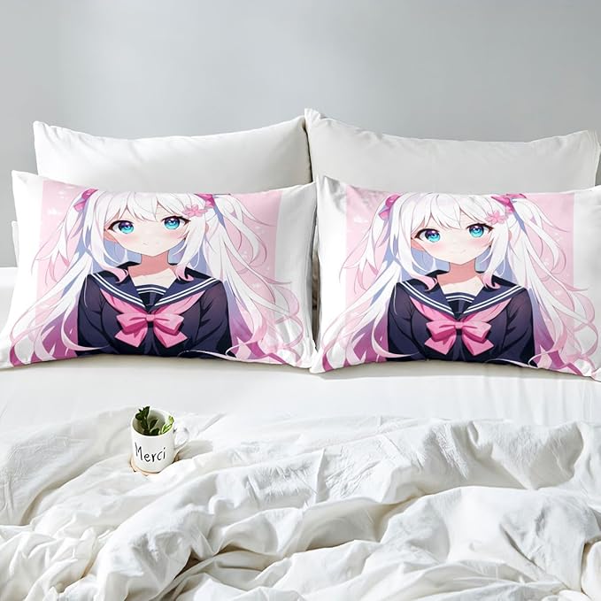 Kawaii Japanese Anime Bedding Set Twin - 3D Style Bed Sheets, Sailor Suit Uniform Girl Design, 2 Pieces