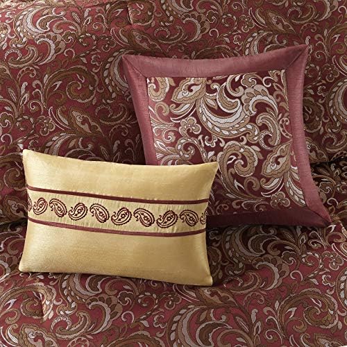 Madison Park Essentials Brystol 24 Piece Room in a Bag Faux Silk Comforter Jacquard Paisley Design Matching Curtains Down Alternative Hypoallergenic All Season Bedding-Set, Queen (90 in x 90 in), Red