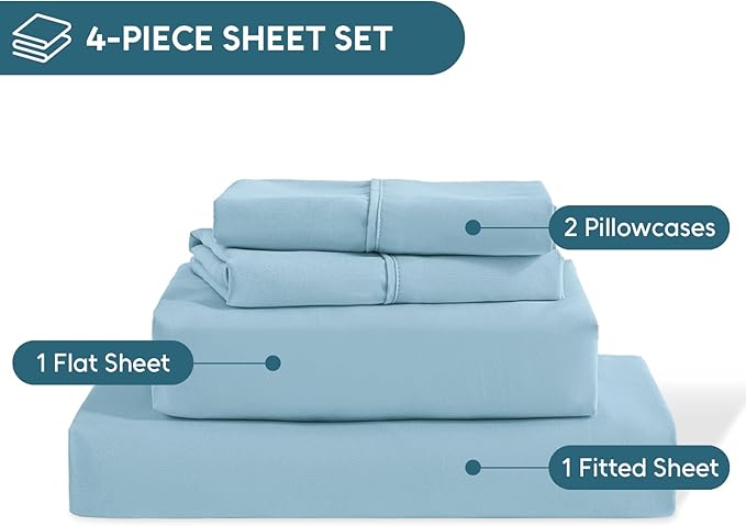 Queen Sheet Set, 4 Pieces Hotel Luxury Soft Microfiber Queen Bed Sheets Set, Up to 16" Deep Pockets, Oeko-Tex Sheets with Elastic, Breathable, Wrinkle Free (Sky Blue, Queen)