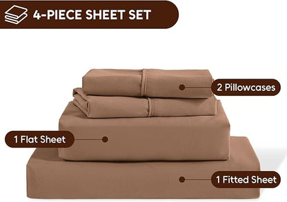 Full Size Bed Sheets Set, 4 Pieces Hotel Luxury Soft Microfiber Bed Sheets Set, Up to 16" Deep Pockets, Oeko-Tex Sheets with Elastic, Breathable, Wrinkle Free (Brown,Full)