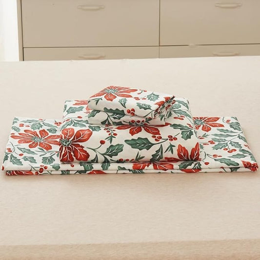DAUAOTO Cotton Holiday Sheets Set Twin Size Printed Bedding Sets, Up to 14" Deep Mattress, Bedlinen Set Christmas Flower Pattern