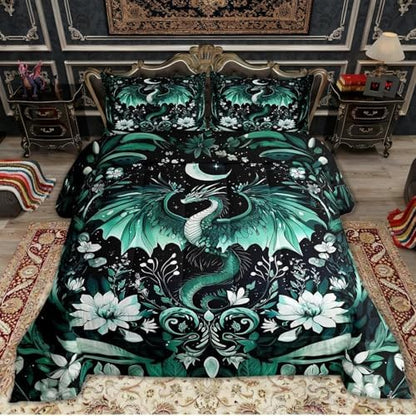 Feelyou Kids Dragon Comforter Set Toddler Size, Green Dragon Bedding Set Dragon Lovers Comforter for Kids Boys Girls Boho Duvet Insert Room Decor 2Pcs
