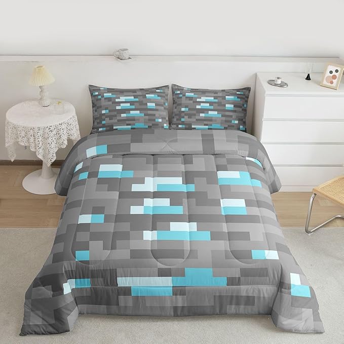 Pixelated Blocks Miners Comforter Set King Size,Video Games Game Gamepad Kids Bedding Set,Geometric Grid Patchwork Quilt Comforter,Gray Blue Duvet Insert,2 Pillowcases