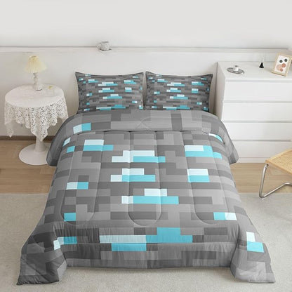 Pixelated Blocks Miners Kids Comforter Set Full Size,Video Games Game Gamepad Bedding Set,Boys Room Decor,Geometric Grid Patchwork Quilt Comforter,Gray Blue Duvet Set Bedroom Quilt Set,2 Pillowcases