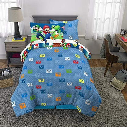 Super Mario Kids Bedding Set, Twin Size 5 Piece Comforter and Sheet Set with Sham, (Officially Licensed Product) by Franco