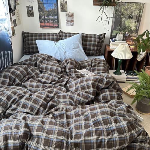mixinni Vintage Brown & Blue Buffalo Plaid Duvet Cover Set Twin XL Size - 3 Piece Washed Cotton Bedding Set with Grid Pattern, Soft & Breathable Duvet Cover with Pillowcases for Boys, Men& Women