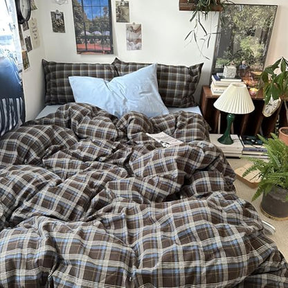 mixinni Vintage Brown & Blue Buffalo Plaid Duvet Cover Set Twin XL Size - 3 Piece Washed Cotton Bedding Set with Grid Pattern, Soft & Breathable Duvet Cover with Pillowcases for Boys, Men& Women