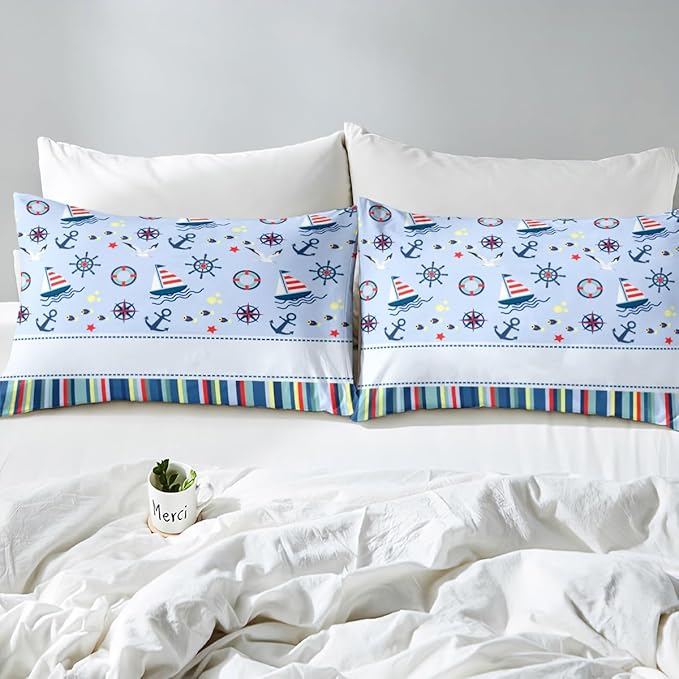 Nautical Anchor Bed Sheets Set Ocean Fish Seagull Blue Fitted Sheet Outdoor Adventure Bedding Set for Bedroom Decor Red Blue Stripes Sheets (Full Flat Sheet & Fitted Sheet with 2 Pillow Case)