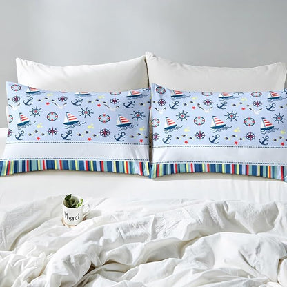 Castle Fairy Nautical Anchor Bedding Set Ocean Fish Seagull Blue Duvet Cover Set Outdoor Adventure Comforter Cover Red Blue Stripes Bedroom Quilt Cover Twin with 1 Pillowcase,No Comforter