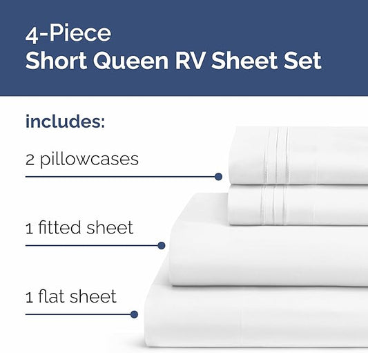 Short Queen Size 4 Piece Sheet Set - RV Short Queen, Soft, Breathable & Cooling Bed Sheets Set with Deep Pockets - Hotel Luxury Bedding for Women, Men, Kids, Teens, Boys and Girls - Oeko-Tex - White