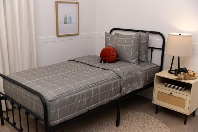 Beddy's Video Game Themed Durable Zipper Bedding for Kids, Bed in a Bag, Gray Comforter & Sheets with Gaming Controller Design for Gamers, Includes Pillowcase & Pillow Sham, Easy to Make & Wash