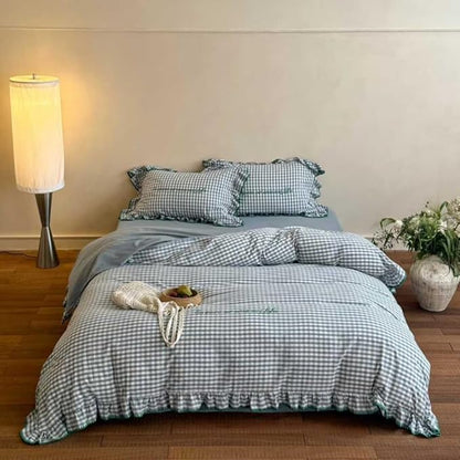 CRUSHIMO Morning Mist Gingham Washed Cotton Duvet Cover Set - Shabby Chic Gingham Plaid Bedding with Ruffle Trim & Triangle Stitching - Ultra Soft Breathable Comforter Cover (Sea Salt Blue, Twin)