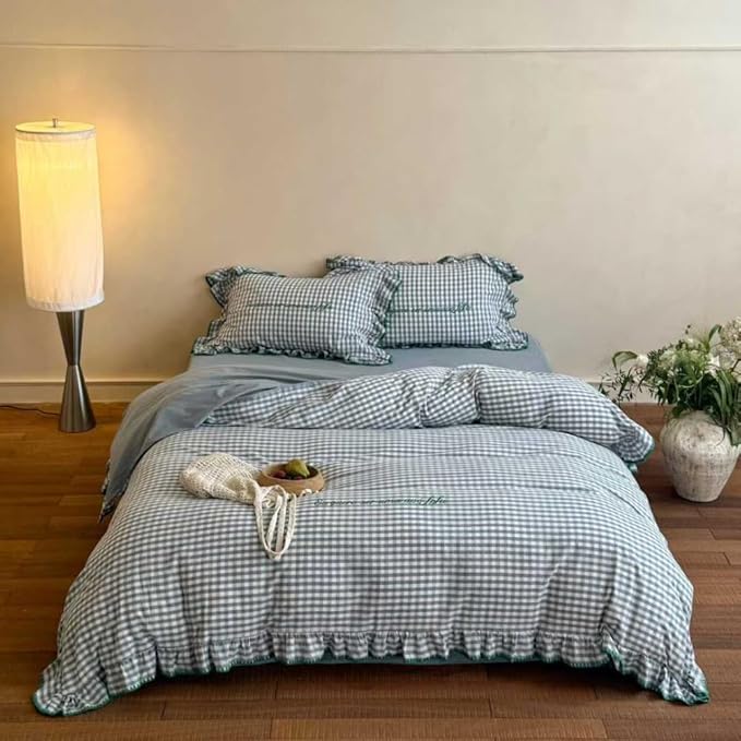 CRUSHIMO Morning Mist Gingham Washed Cotton Duvet Cover Set - Shabby Chic Gingham Plaid Bedding with Ruffle Trim & Triangle Stitching - Ultra Soft Breathable Comforter Cover (Sea Salt Blue, Queen)